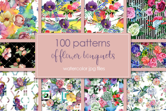 100 Patterns of Flower Bouquets Watercolor Set and Illustrations