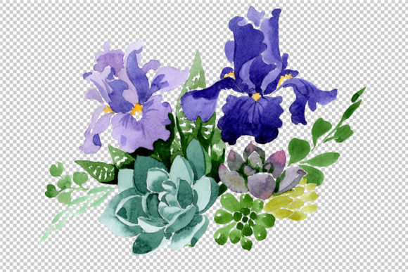 Bouquet of Flowers with Purple Irises Watercolor Illustrations