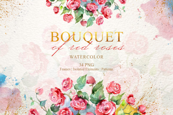 Bouquet of Red Roses Watercolor Illustrations