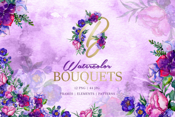 Bouquets of Purple Flowers Watercolor Illustrations