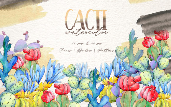Cool Colorful Cacti Watercolor Set Illustrations