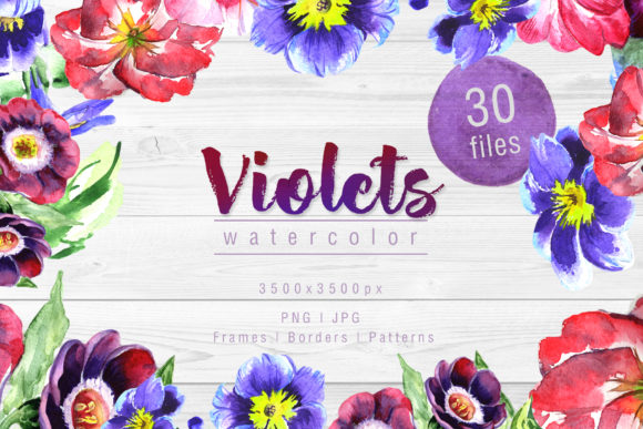 Cool Violets Watercolor Flower Set