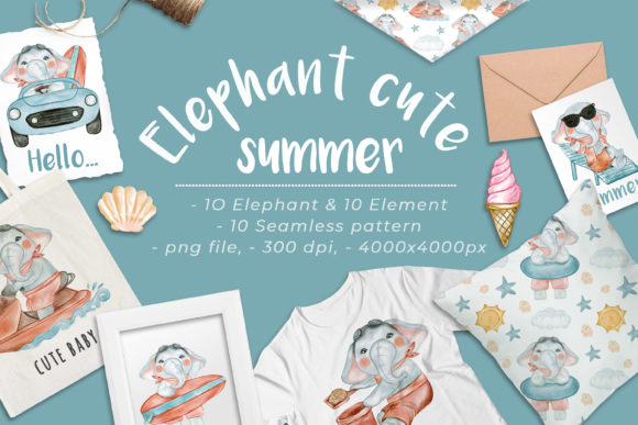 Cute Elephant Summer Watercolor Set