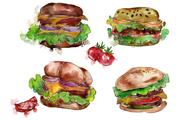 European Hamburger Watercolor Illustrations