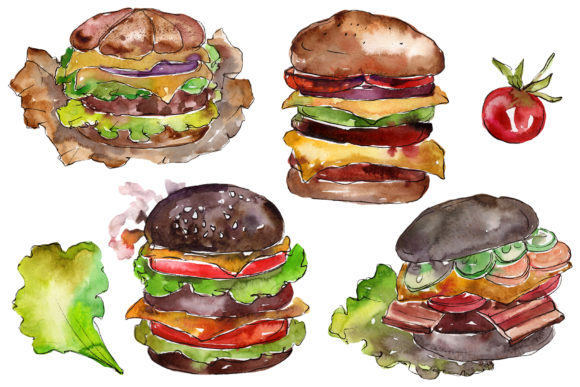 Hamburger Black Crunchy Watercolor Illustrations