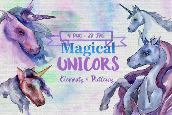 Magical Purple Unicorn Watercolor Set for Illustrations