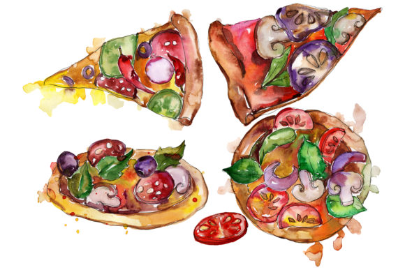 Pizza Margherita Watercolor Illustrations