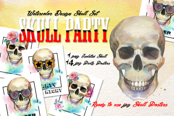 Skull Party Print Watercolor Set and Illustrations