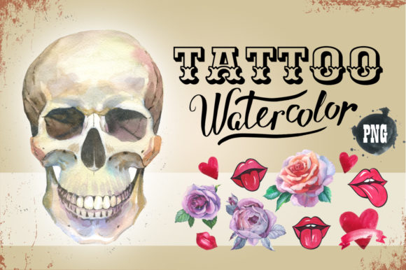 Tattoo Watercolor Set Skull Illustrations