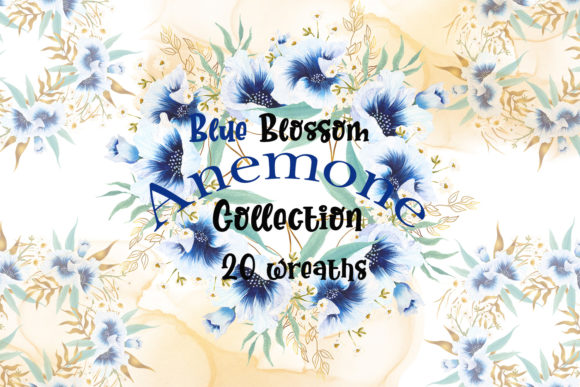 Watercolor Blue Anemone Bloom Wreaths Illustrations