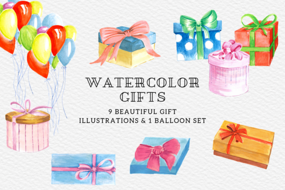 Watercolor Gift Boxes Presents Set and Illustrations