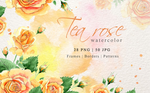 Watercolor Tea Yellow Rose Set and Illustrations